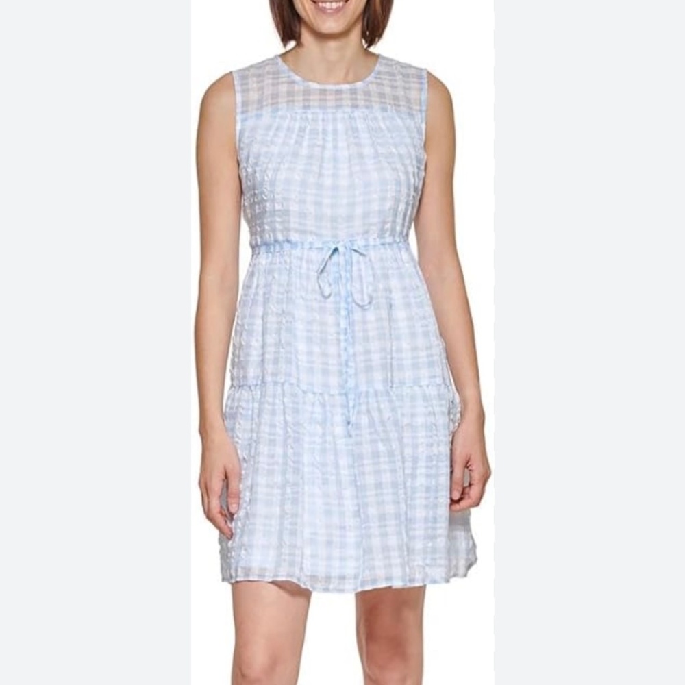 Light Blue Plaid Sleeveless Drawstring Dress
